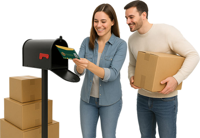 New Movers discovering their welcome package in the mail.
